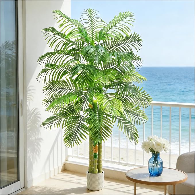 Artificial Golden Cane Palm Tree：6T Fake Large Tropical Areca Palm Trees Tall Faux Silk Plant in White Pot with Realistic Triple Textured Trunks for Office Outdoor Home Decor Hotel Patio Lobby