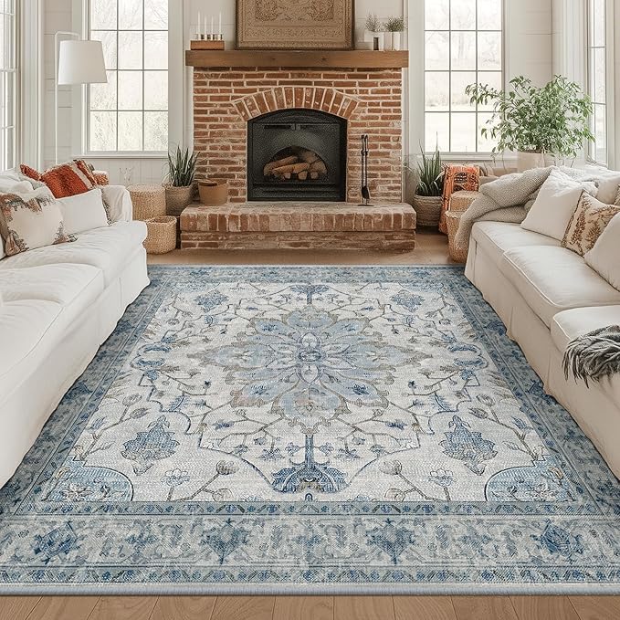 RELEANY Area Rugs Square 8ft Washable Non-Slip, Floral Vintage Distress Print Pattern Medallion Carpet for Living Room Bedroom Dining Room, Light Blue Navy Beige Gray White