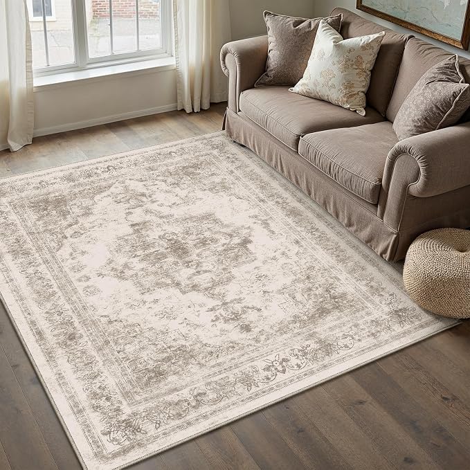 PureCozy Area Rug 3x5 Washable Taupe Rug Vintage Boho Medallion Entryway Door Mat Entrance Distressed Retro Carpet Non Slip Low Pile Small Soft for Office Kitchen Bedroom Laundry Bathroom Hallway