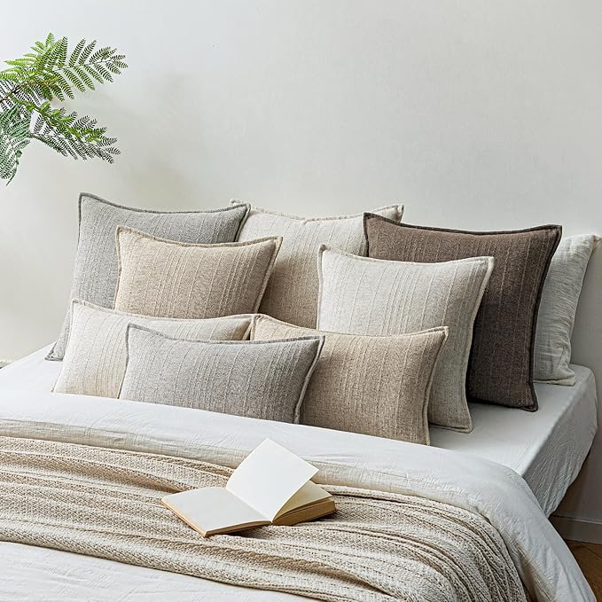 a moment Linen Pillow Covers Set of 2,Boho Farmhouse Throw Pillowcases Neutral Textured Decorative Covers for Couch Sofa,Soft Linen Blend Accent Case Cushion Home Decor 20"x12"Coco Brown
