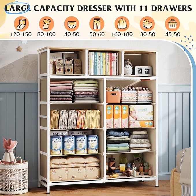 WLIVE Storage Organizer Unit with 11 Fabric Bins, Storage Drawers Organizer with Steel Frame, Tall Storage Tower Organizaton for Living Room, Hallway, Office, Cream White