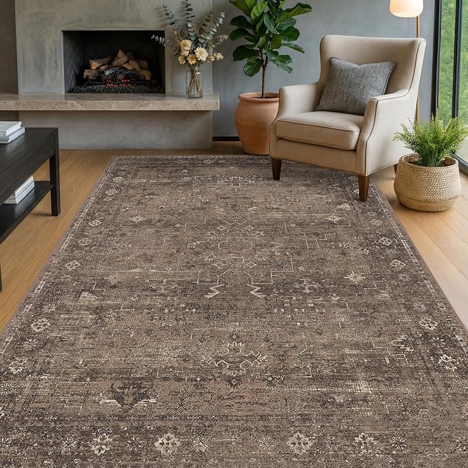 Farmhouse Brown Washable 6x9 Area Rugs for Living Room, Dark Neutral Vintage Distressed Rug for Bedroom, Non-Slip Soft Stain Resistant Carpet for Dining Room Office Décor