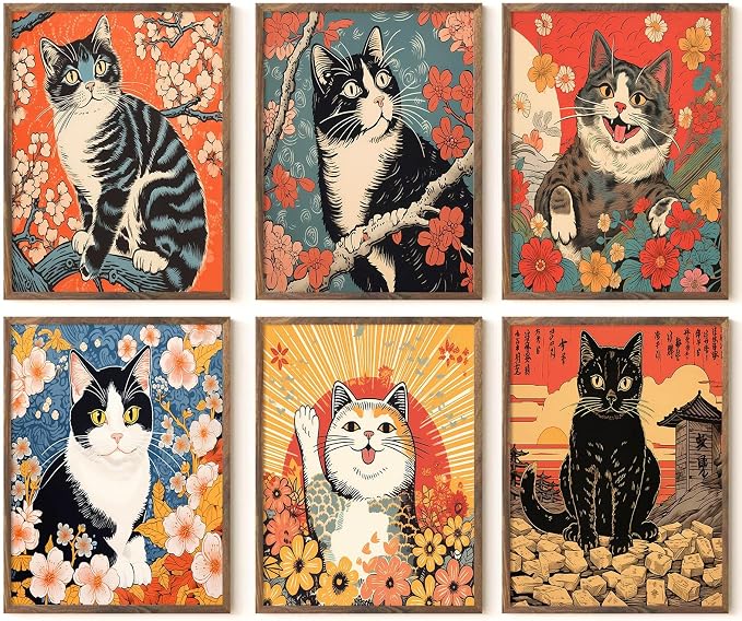 Japanese Cat Wall Art Funny Cat Canvas Poster Anime Wall Decor Asian Tattoo Prints Japan Wall Art Cute Artwork Tokyo Kitten Poster Vintage Pictures for Living Room Bedroom 12x16 Inch Unframed Set of 6