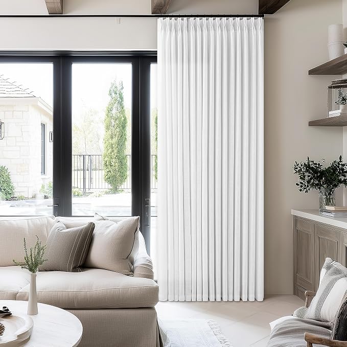 Extra Wide Pinch Pleated Linen Curtains 90 Inches Long 100 Inch Width for Living Room Bedroom Light Filtering White Semi Sheer Pleat Window Curtain Pinch Pleated Drape with Hooks Rings 1 Panel 100x90