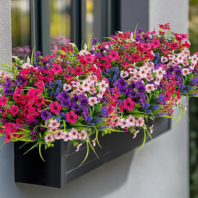AXYLEX Artificial Flowers Outdoor Shrubs - 16 Bundles Fake Plants UV Resistant No Fade Faux Plastic Greenery Home Garden Porch Patio Decoration Office Indoor (1, Multi-16pcs)