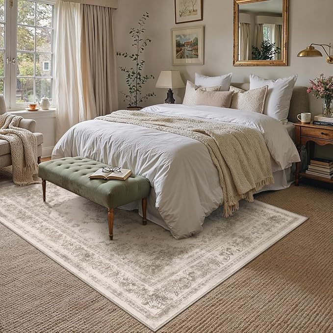 PureCozy Area Rug 8x10 Beige Washable Living Room Carpet Non Slip Vintage Medallion Indoor Bedroom Carpet Low Pile Soft Retro Distressed Large Rug Home Office Dining Room Playroom