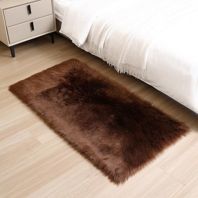 Faux Fur Rug Fluffy Sheepskin Area Rug,Ultra Soft Shaggy Plush Rug Bedroom Living Room Sofa Floor Kids Room Bedside（2 x 4 ft Rectangle Coffee）