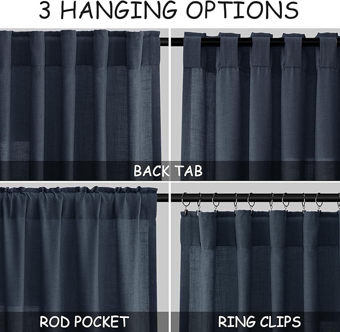 Vintage Blue Linen Curtains 72 Inch Length for Living Room Lightweight Door Drapes 2 Panels Set for Kids Bedroom Sheer Light Filtering Back Tab Rod Pocket Curtain for Kitchen Protect Privacy 52x72