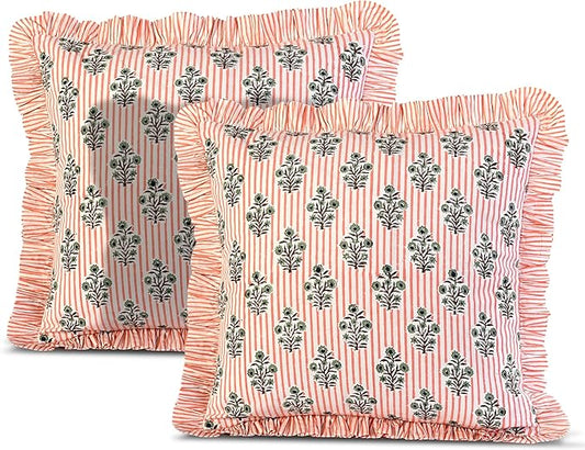Ridhi Block Print Salmon Blossom Throw Pillow Cover 24" x 24" (Pack of 2) Decorative Cushion Covers with Ruffle for Couch, Sofa, Bed, Living Room, Home Decor Gift for Spring, Easter, Valentine