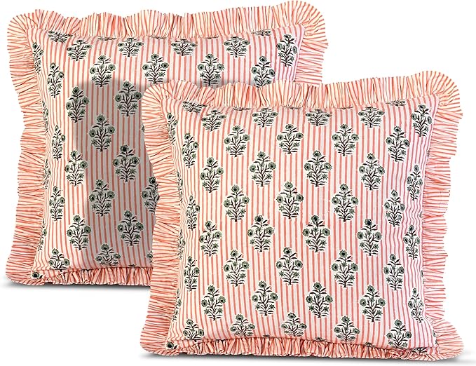Ridhi Block Print Salmon Blossom Throw Pillow Cover 18" x 18" (Pack of 2) Decorative Cushion Covers with Ruffle for Couch, Sofa, Bed, Living Room, Home Decor Gift for Spring, Easter, Valentine