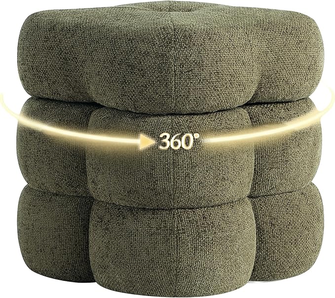 Get Set Style 360° Swivel Flower Ottoman, Linen Vanity Stool Footrest with 300LBS Capacity, No Assembly Small Space Accent Chair for Living Room Bedroom Entryway(Olive Green)