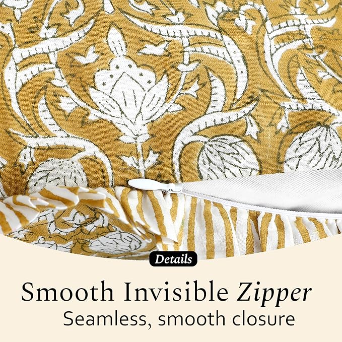 CPC Block Print Ruffle Throw Cover Mustard Regal 20"x20" Inch Pack of 2-100% Cotton Ruffle Couch Decorative Boho Pillows Case for Living Room, Bedroom, Sofa, Farmhouse Gift for Spring, Mother's Day