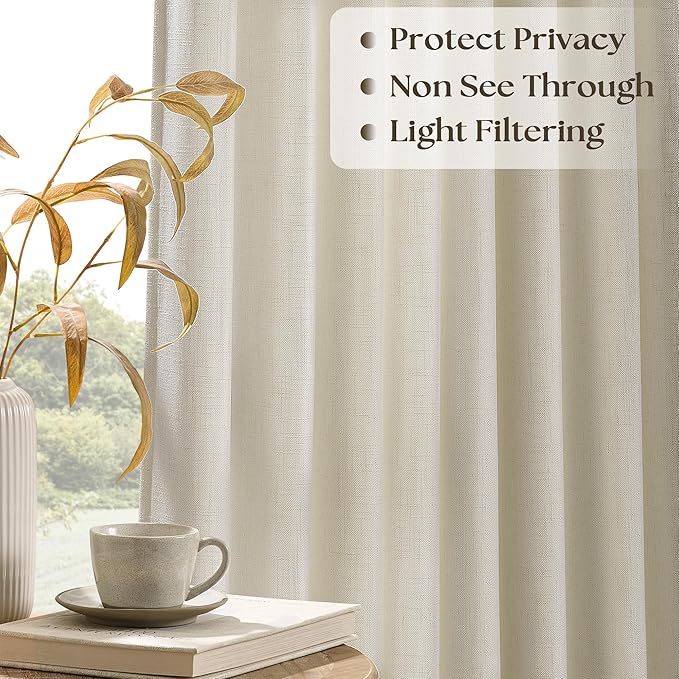 Pinch Pleated Linen 108 Inch Curtains 60 Inch Width for Living Room Divider Light Filtering Thick Linen Extra Wide Patio Curtains for Sliding Door Balcony Floor to Ceiling Window 1 Panel