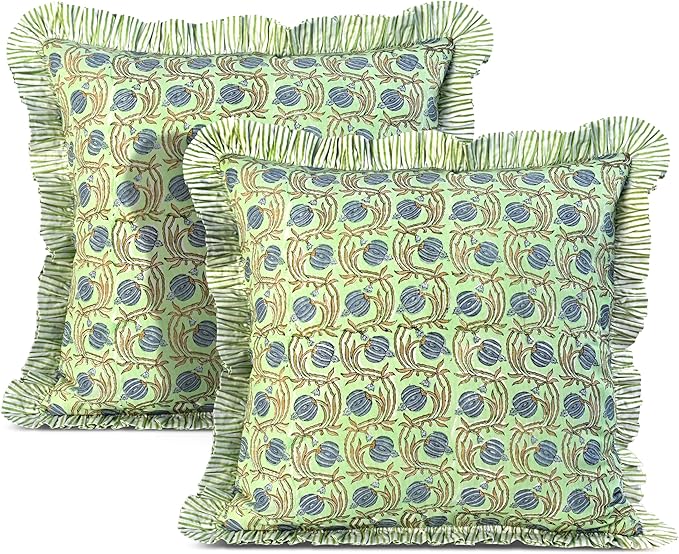 Ridhi Block Print Apple Green Floral Throw Pillow Cover 18" x 18" (Pack of 2) Decorative Cushion Covers with Ruffle for Couch, Sofa, Bed, Living Room, Home Decor Gift for Spring, Easter, Valentine