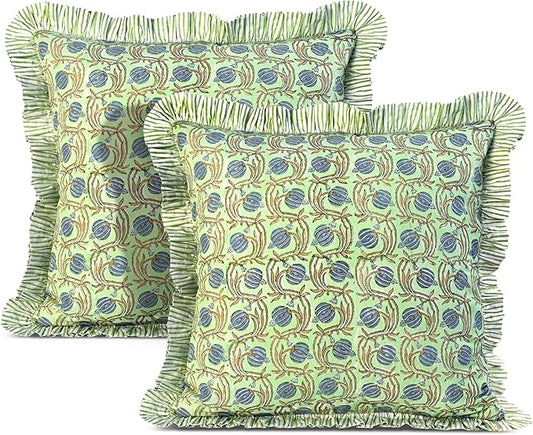 Ridhi Block Print Apple Green Floral Throw Pillow Cover 18" x 18" (Pack of 2) Decorative Cushion Covers with Ruffle for Couch, Sofa, Bed, Living Room, Home Decor Gift for Spring, Easter, Valentine