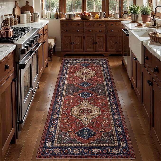 Tangsoo Vintage Red 2x6 Washable Runner Rug for Hallways, Non Slip Hallway Rugs, Oriental Soft Low Pile Long Rug Carpet Runners for Kitchen Bedroom Entryway Bathroom Living Room Home Decor