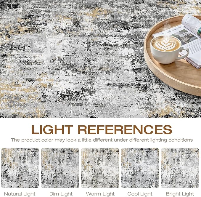 5x7 Area Rugs Living Room: Washable Large Abstract Neutral Modern Soft Rug Stain Resistant Indoor Floor Non-Slip Accent Carpet for Bedroom Nursery Playroom Dining Room Office Dorm Home- Black Gold