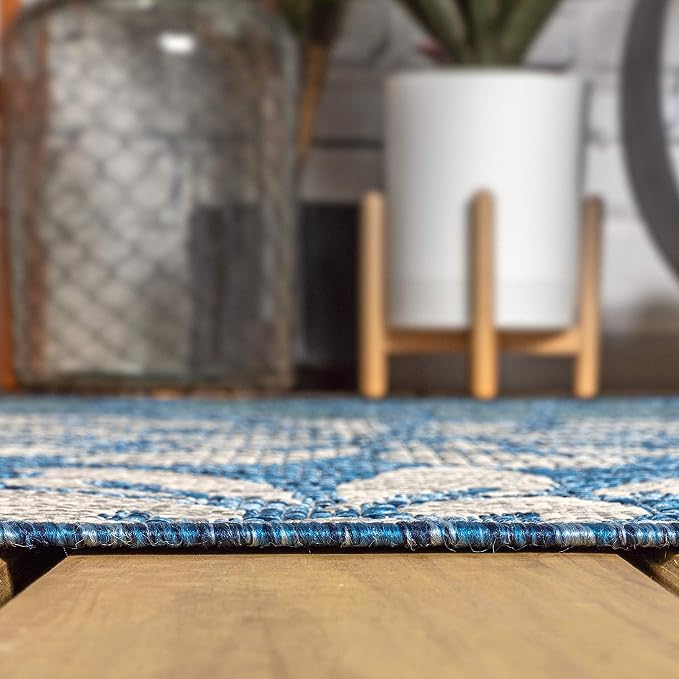 JONATHAN Y Floral Textured Weave Indoor Outdoor Square Area Rug 9X9 Navy/Aqua, Zinnia Modern for Backyard, Patio, Porch, Easy-Cleaning, High Traffic, Pet-Friendly, Non-Shedding (SMB110C-9SQ)