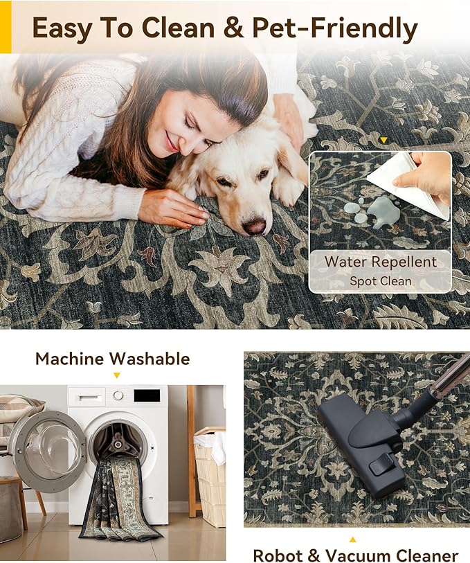 RELEANY Area Rugs 10'x12' Washable Non-Slip, Floral Vintage Distress Print Pattern Medallion Carpet for Living Room Bedroom Dining Room, Vintage Black Brown Neutral
