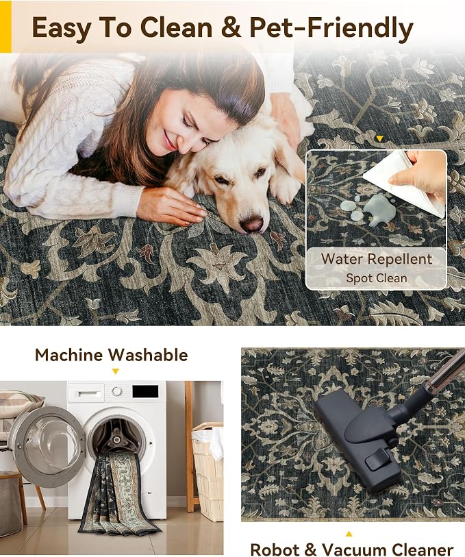 RELEANY Area Rugs 5'x7' Washable Non-Slip, Floral Vintage Distress Medallion Carpet for Living Room Bedroom Dining Room, Vintage Black Brown Neutral