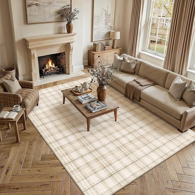 10x12 Beige Area Rug for Living Room Bedroom Soft Low Pile Checkered Large Carpet Modern Accent Non Slip Rug for Dining Room Nursery Office Indoor
