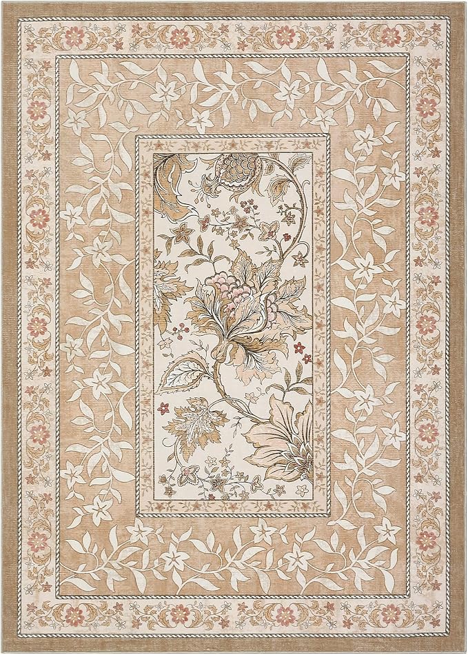 GarveeHome Provence 9x12 Area Rug for Living Room, Botanical Grove Pink Brown Scroll Cottagecore Washable Rug for Bedroom Dining Nursery Low-Pile Vintage Large Carpet