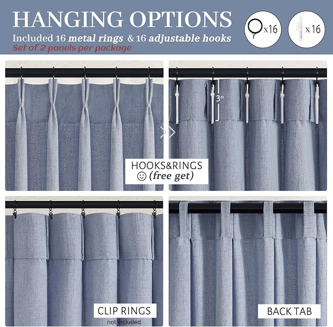 Linen Pinch Pleated Dusty Blue Sheer Curtains 96 Inches Long Living Room