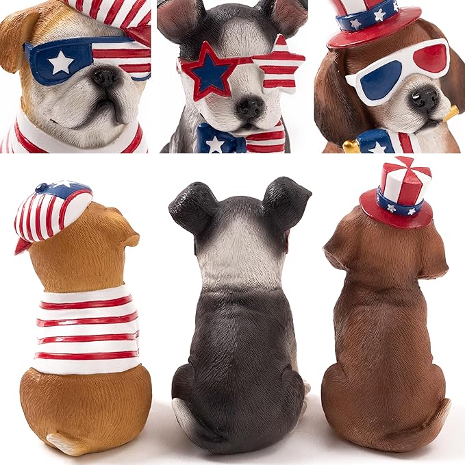 Valery Madelyn 4th of July Puppy Decorations, Memorial Day Decor for Home, Large 3Pcs Patriotic USA 250th Anniversary Decorations, Stars and Stripes Dogs Figurine for Independence Day Labor Day