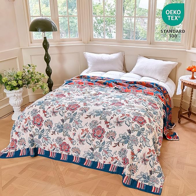 MSGKV Boho Throw Blanket 50"x60" 100% Cotton Floral Blanket for Couch Sofa Summer Breathable Lightweight Blankets All Seasons Home Decor Muslin