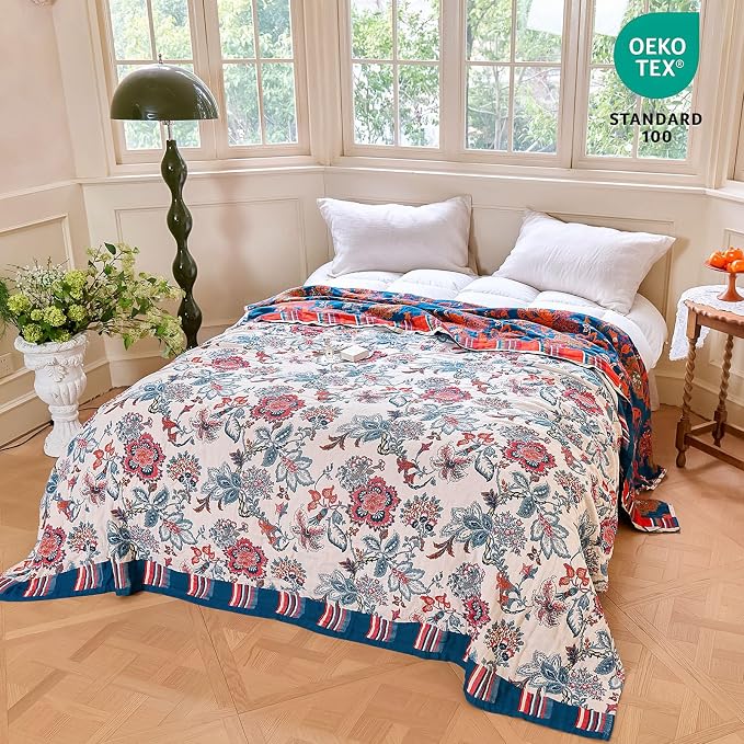 MSGKV Boho Throw Blanket 60"x80" 100% Cotton Floral Blanket for Bed Couch Summer Breathable Lightweight Twin Blankets All Seasons Home Decor Muslin