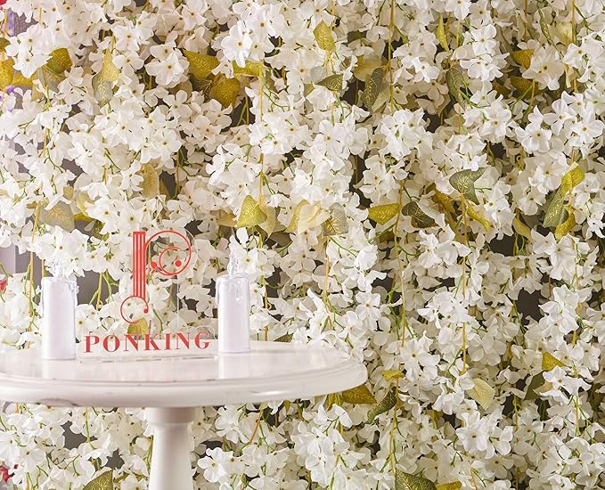 PONKING Flower Garland, Artificial Hydrangea Vine Flowers, Hanging Fake Hydrangeas Vine for Room Anniversary Wedding Birthday Christmas Wall Arch Decor, 2 Pcs, Floral Garland, White Flower