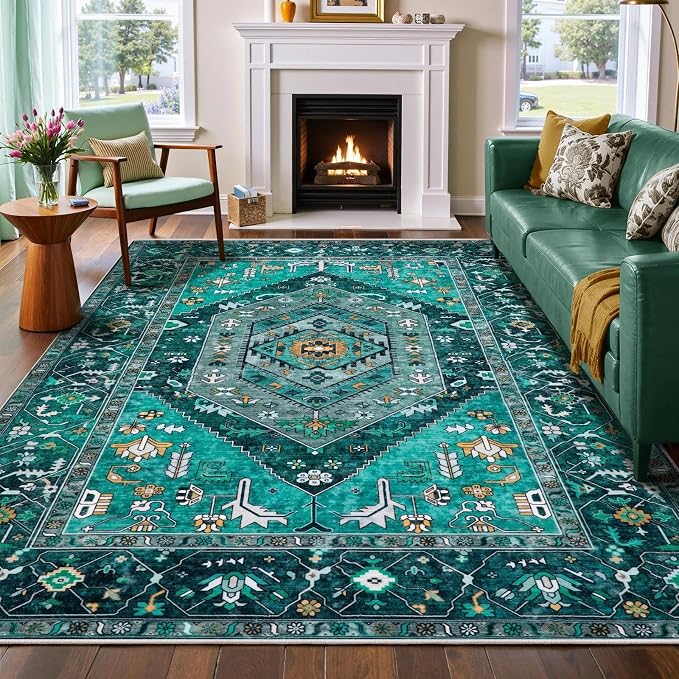 SERISSA Washable Rugs 6x9 Area Rugs, Large Non-Slip Boho Living Room Teal Rug, Ultra Soft Vintage Print Distressed Oriental Tribal Farmhouse Carpet for Dining Room Bedroom Dorm Office Home Decor