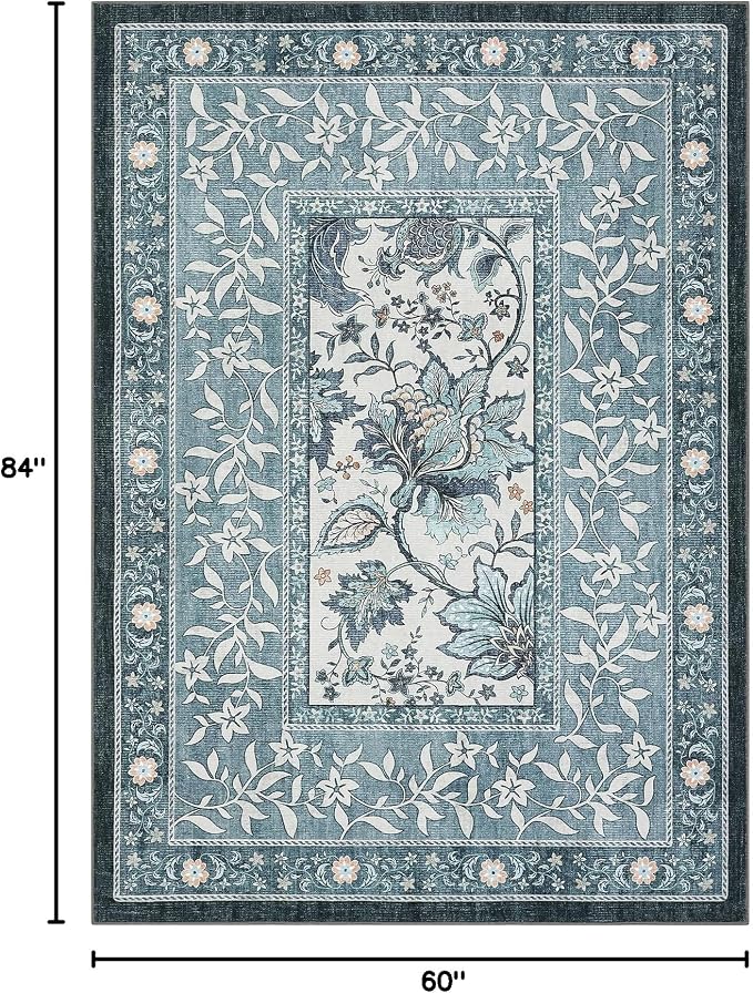 GarveeHome Provence 5x7 Area Rugs, Botanical Grove Vintage Cottagecore Non-Slip Washable Rug for Bedroom Living Room Nursery Kitchen Low-Pile Carpet Retro Blue