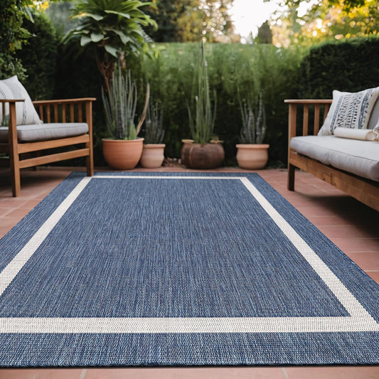 Bordered Outdoor Rug 8x10 Washable Outside Carpet for Indoor Patio Porch Waterproof Easy Cleaning Non Shedding Area Rugs Blue 8 x 10