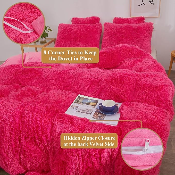 XeGe Plush Shaggy Duvet Cover Set, Luxury Ultra Soft Fluffy Faux Fur Bedding Sets 2 Pieces Velvet(1 Fuzzy Furry Comforter Cover + 1 Faux Fur Pillow Case), Zipper Closure (Twin, Hot Pink)