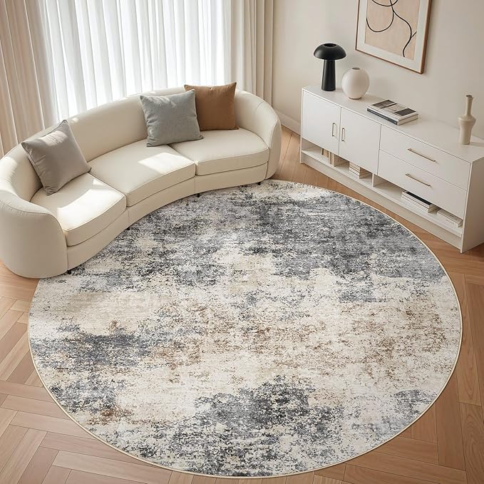 Round Rug Living Room Rugs: 7x7 Washable Circle Large Abstract Modern Soft Stain Resistant Non-Slip Indoor Floor Carpet for Bedroom Nursery Office Dining Room Dorm Home House- Grey Brown