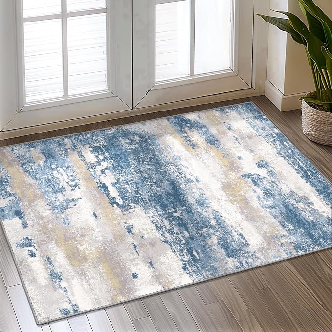 BEIMO 2x3 Rugs for Entryway Entrance Kitchen Bathroom, Machine Washable Modern Abstract Soft Area Rug Door Mat, Indoor Floor Carpet with Non Slip Rubber Backing, Blue Cream