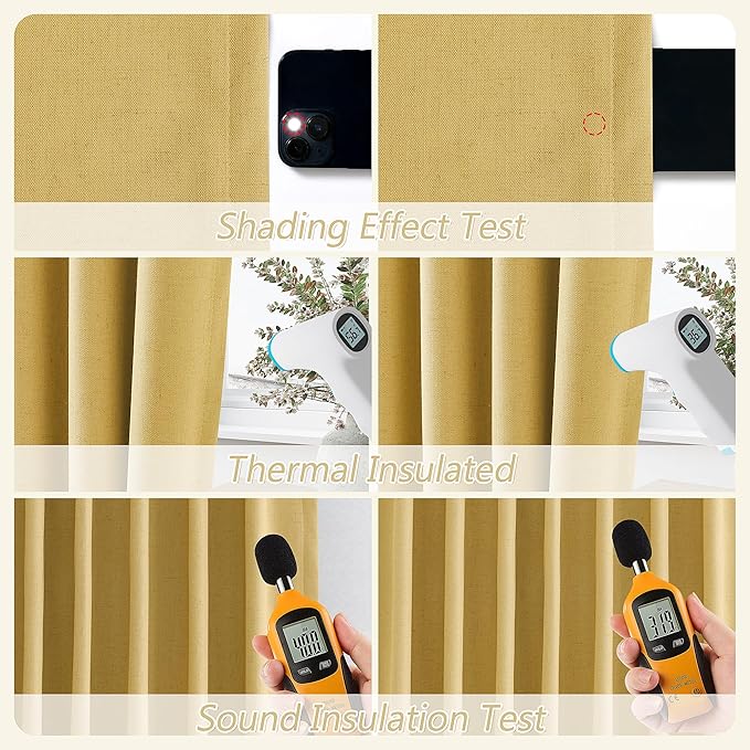 Gold 100% Blackout Linen Curtains 84 Inch Length 2 Panels Set for Living Room Bedroom Back Tab Thermal Insulated Black Out Drapes Room Darkening Farmhouse Style for Bedroom Window Curtains 52x84