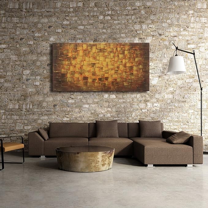 MyArton Large Abstract Golden Yellow Square Wall Art Hand Painted Textured Oil Painting on Canvas Ready to Hang 60x30inch