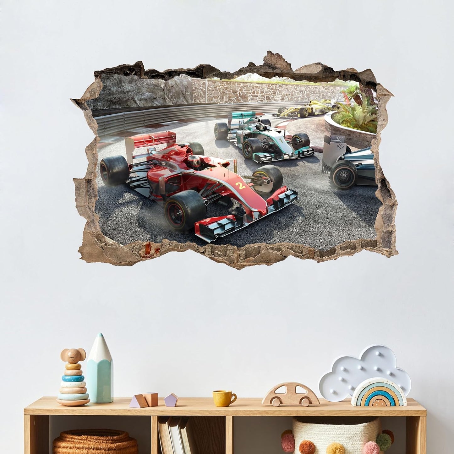 Large 3D Racing Car Wall Stickers (34.4”x 23”), Vehicles Roads Vinyl Wall Decals, Removable Racing Car Break Through Wall Art for Boys Bedroom Playroom Decor