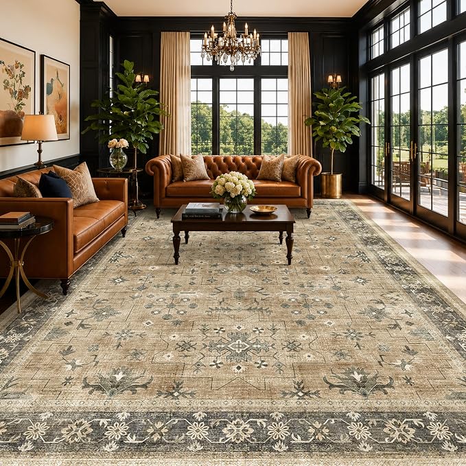Vintage Taupe Sage 10x12 Rug for Living Room - Washable Dining Room Rugs for Under Table, Low Pile Non-Slip Carpet for Bedroom - Natural Earthy & Boho Eclectic Home Decor