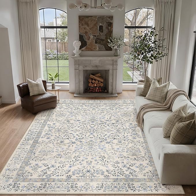 PureCozy 7x9 Blue Area Rug for Living Room Bedroom Washable Vintage Floral Carpet Low Pile Non Slip Botanical Aesthetic Dining Room Soft Accent Throw Rug Nursery Office Indoor