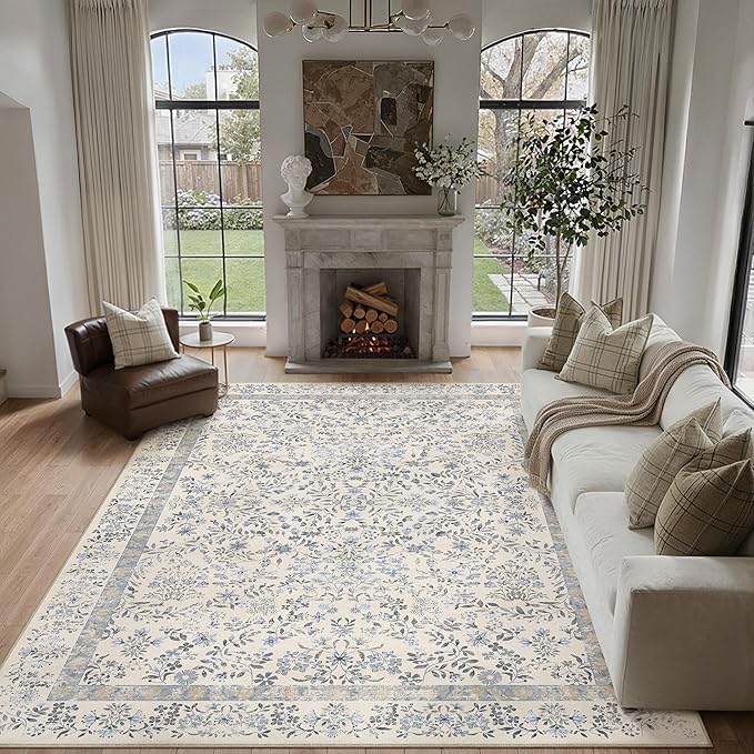 PureCozy 10x14 Blue Area Rug for Living Room Bedroom Washable Vintage Floral Carpet Low Pile Non Slip Botanical Aesthetic Large Dining Room Soft Accent Throw Rug Nursery Office Indoor