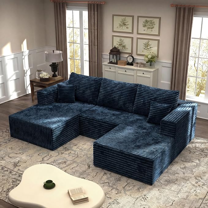 27.56'' Plush Fluffy Corduroy Poofy Ottoman in a Box for Boneless Sofa Couch, Modern Compressed Foot Rest, Small Comfy Rectangle Boneless Pouf Footstool Ottoman for Living Room, Bedroom, Navy Blue