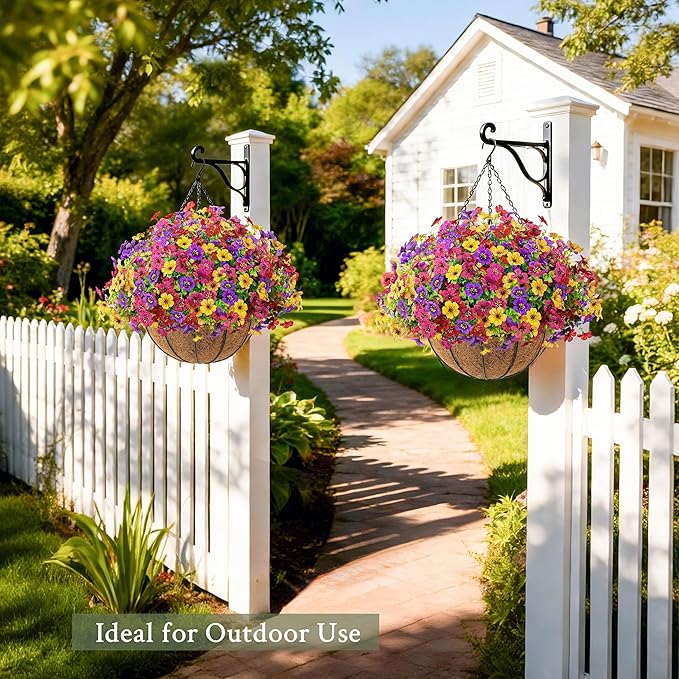 Der Rose 2 Pack Artificial Hanging Flowers Basket for Outdoors Fake Hanging Plants Spring Summer Decoration UV Resistant for Garden Front Porch Patio Balcony Decor