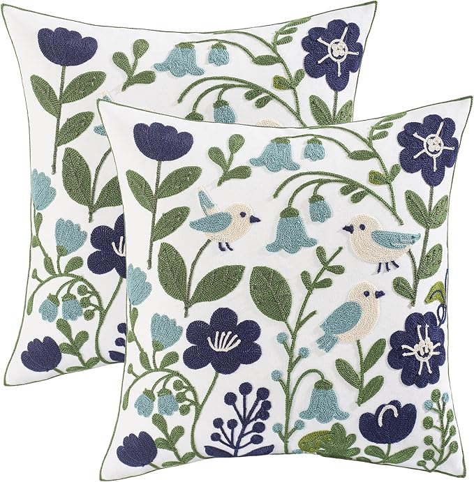 Spring Embroidered Pillow Covers 18x18 Pack of 2 Birds Throw Pillow Covers Green Leaves with Floral Pillowcases Farmhouse Pillow Cushion Cases Square Navy Blue Flower Pillow Case Home Decor