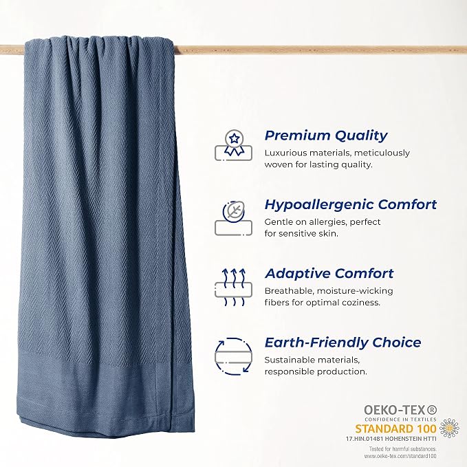 THREAD SPREAD Organic GOTS Cotton Blanket, Full/Queen - 350 GSM, Antistatic, Fuzzy Soft, Lightweight, Sofa, Camping & Travel, Perfect Herringbone All Seasons Throw, Medium Blue with Free Tote Bag
