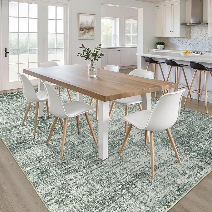 5x7 Area Rugs Living Room: Washable Large Neutral Rug Abstract Soft Modern Stain Resistant Indoor Floor Non-Slip Carpet for Bedroom Nursery Kids Office Playroom Dining Room Under Table- Dark Green