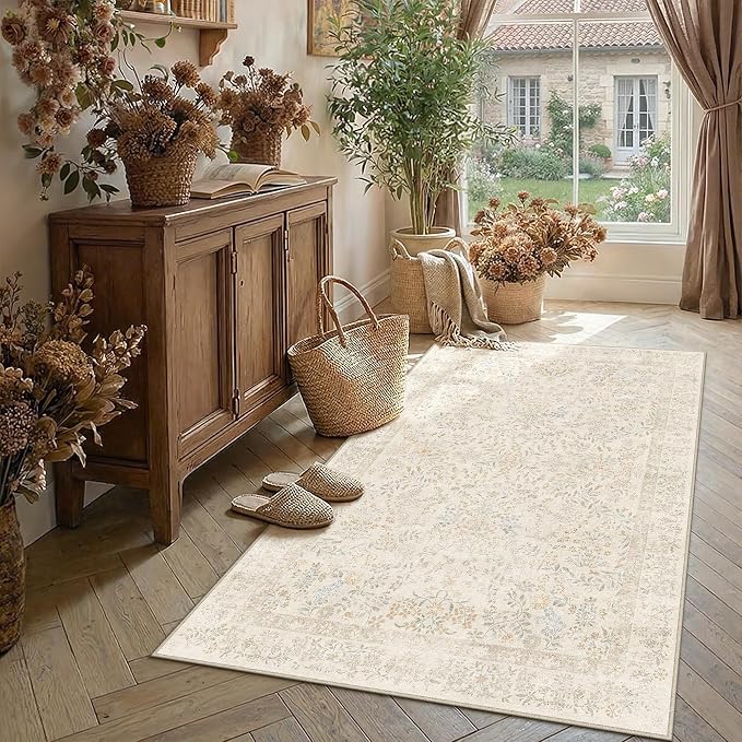 PureCozy 4x6 Beige Area Rug for Entryway Washable Vintage Floral Carpet Low Pile Non Slip Botanical Aesthetic Soft Accent Throw Rug Entrance Kitchen Bedroom Nursery Office Indoor