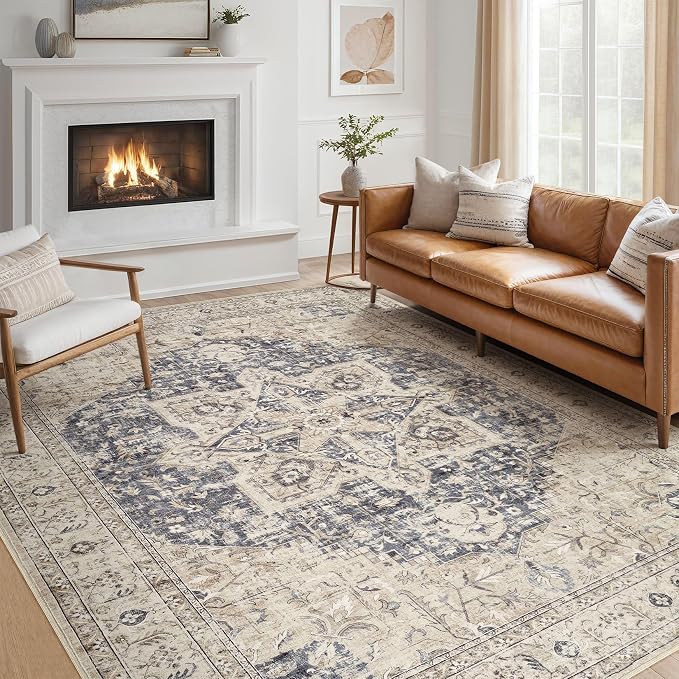 Tortania Area Rug Living Room Rugs - 12x15 Washable Boho Rug Vintage Oriental Distressed Farmhouse Large Thin Indoor Carpet for Living Room Bedroom Under Dining Table Home Office - Cream Blue